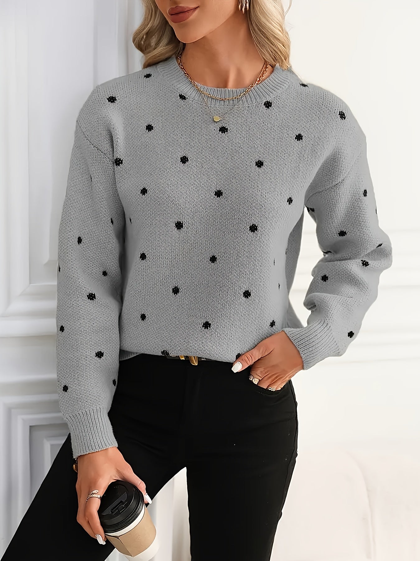 Women'S Polka Dot Sweater - Casual Long Sleeve Crew Neck Pullover with Relaxed Fit & Medium Stretch, Soft Warm Fall Winter Sweater for Casual Attire, Sweater, Mediumstretch Fabric