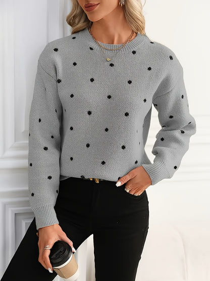 Women'S Polka Dot Sweater - Casual Long Sleeve Crew Neck Pullover with Relaxed Fit & Medium Stretch, Soft Warm Fall Winter Sweater for Casual Attire, Sweater, Mediumstretch Fabric