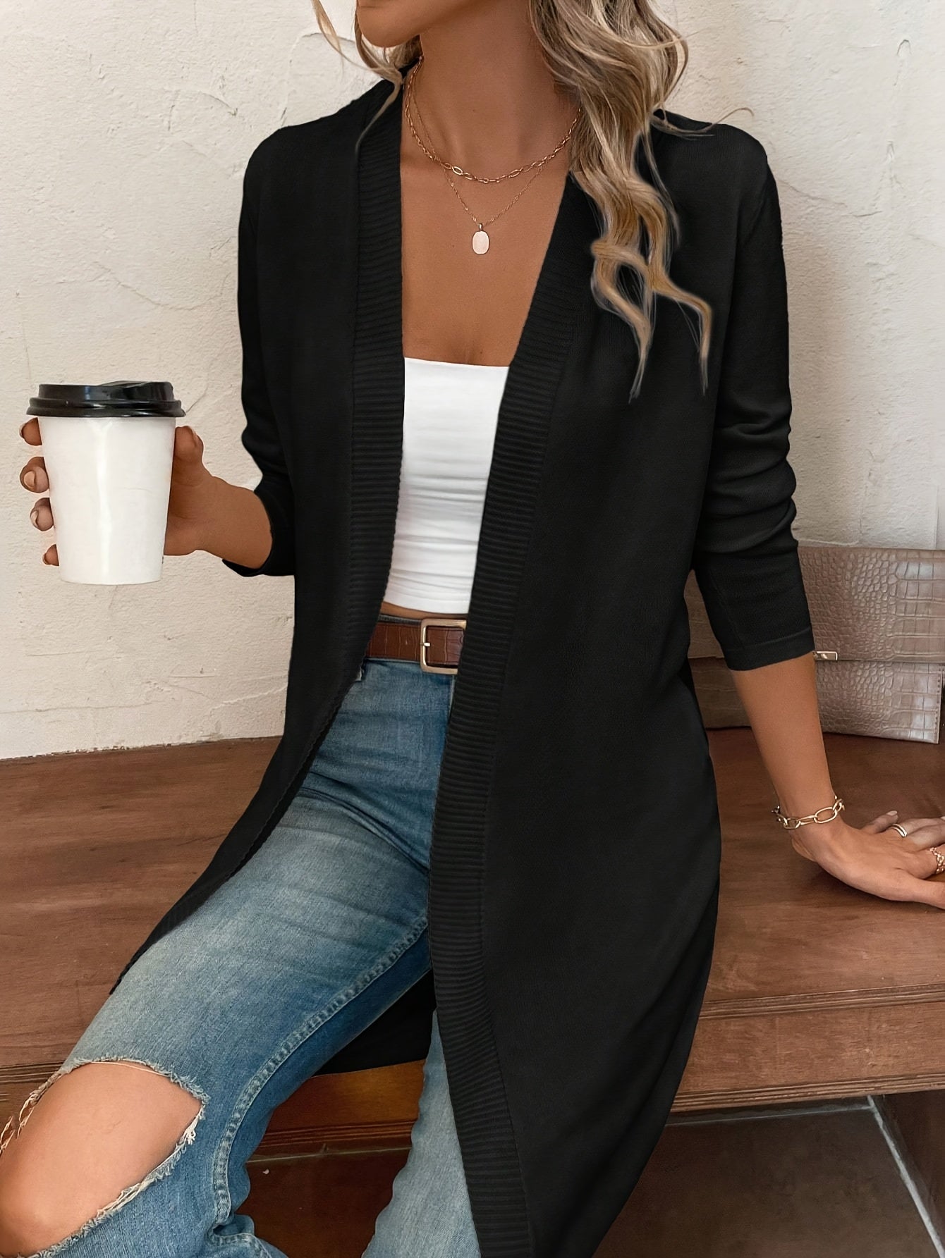 Women's Elegant Long Front-opening Coat - Formal & Everyday Chic Outerwear, Easy-Care Long Sleeve Cardigan for Autumn/Winter, Office, Party, Casual Outfits