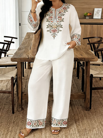 Women's Standard Size Long-sleeve and Long-pants 2pcs Set, Spring/summer New V-neck Buttoned Three-quarter Sleeve Shirt with Printed Elastic Waistband Long Pants, 2pcs Set, Digital Print, Machine Washable, Fabric