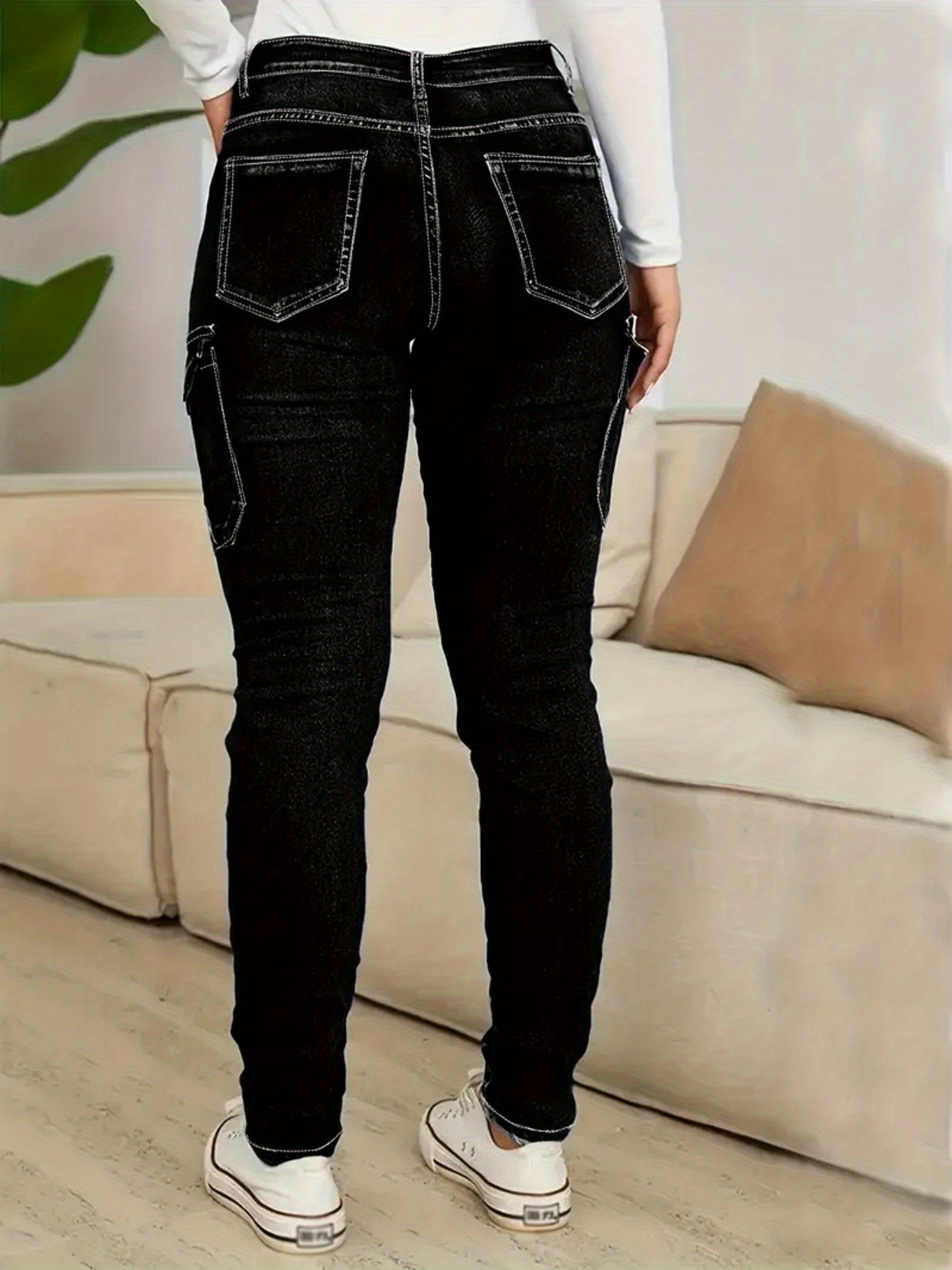 Plus Size Women'S Fashion Skinny Jeans -Comfortable Cargo Denim Pants with Side Pockets