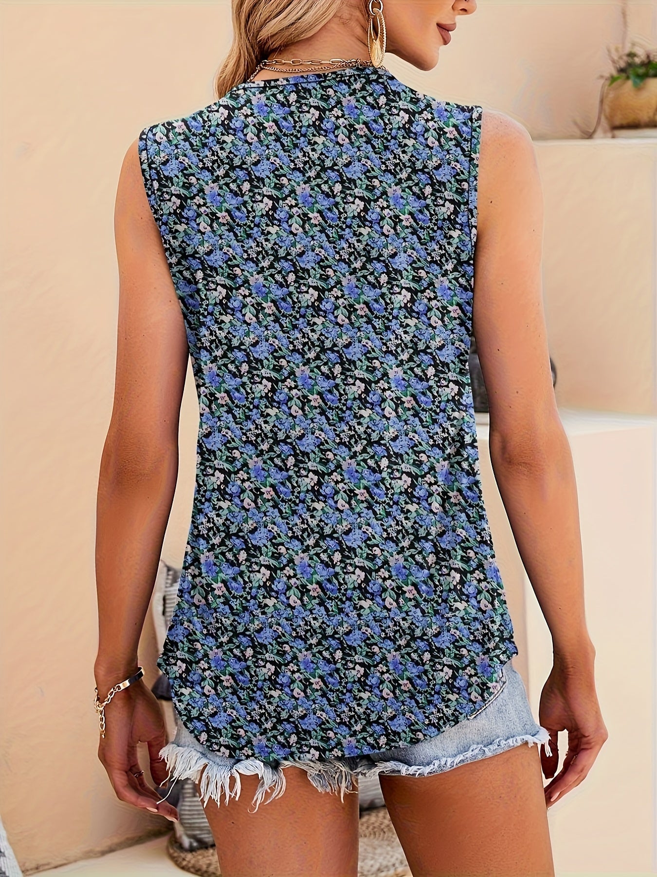 [Floral Print Tank Top] Lightweight Floral Print Women's Summer Tank Top | Square Neck Sleeveless Blouse with Chest Pleats, Loose Fit Tunic for Spring Summer Fall, Machine Washable Casual Chic Tops S-2XL, Ladies Tank Tops, Seasonal Wardrobe Staple, Easy C