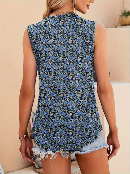 [Floral Print Tank Top] Lightweight Floral Print Women's Summer Tank Top | Square Neck Sleeveless Blouse with Chest Pleats, Loose Fit Tunic for Spring Summer Fall, Machine Washable Casual Chic Tops S-2XL, Ladies Tank Tops, Seasonal Wardrobe Staple, Easy C