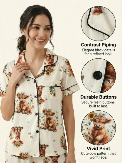 [3pcs Women's Pajama Set] 3pcs Casual Women's Pajama Set | Features A Lapel Collar, Short-sleeved Top with Button Closure, Paired with Shorts And Long Pants, Adorned with Floral And Cow Patterns. Comfortable Loungewear Suitable for All Seasons