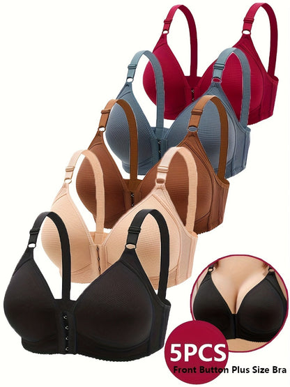 Women's Front-Closure Wireless Bra - 5-Pack Fixed Padding, Everyday Support