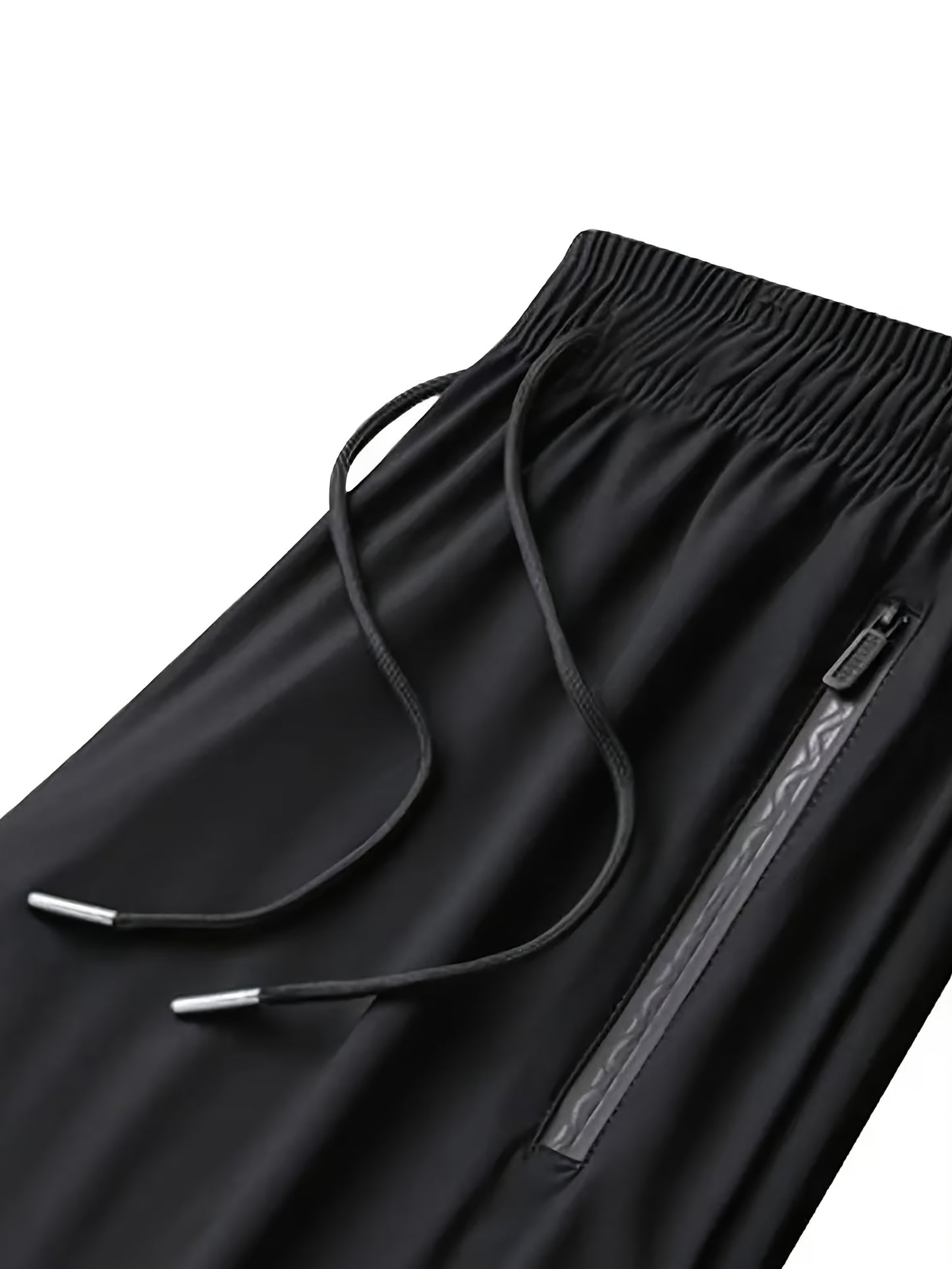 3pcs Men's Summer Solid Color Tapered Sports Pants, High Stretch Fiber, with Ribbed CuffDesign, Nylon 80%Spandex 20%, Reflective Stripe Design At The Hem Of Pants, Regular Fit with ZipperPockets, Breathable ComfortableRunningTraining LongTrousers