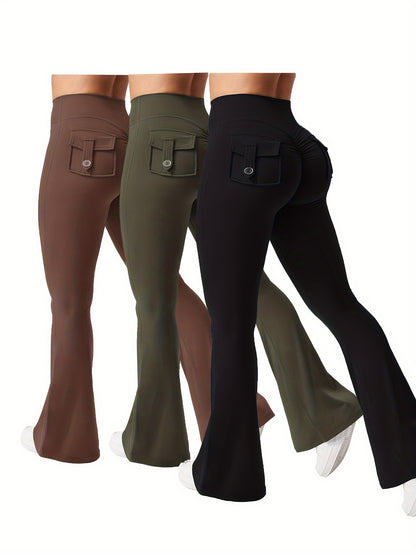 Women's Autumn 3pcs Set, New Style Casual Flared Yoga Pants, Training Flared Trousers, High-Waist Workwear with Belt and Pockets, Sportswear, Halloween Costume, Christmas Apparel