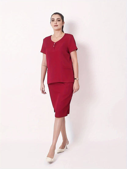 Women's V-Neck Button-Up Scrub Set, Fashionable Short Sleeve Beauty Salon Medical Hand Wash Uniform, Polyester Blend, Casual Style, Regular Fit, Solid Color, Straight Sleeve, Knee-Length Skirt with Pockets, Pullover Top