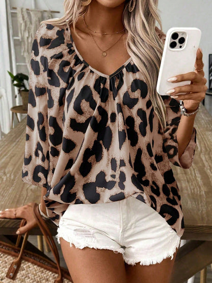 Plus Size - Plus Size - Khaki Leopard Print Shirt Featuring Deep V-Neck And Pleated Sleeves