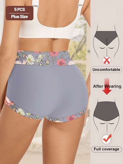 5pcs Plus Size Elegant Panties Women's Floral Print High Waisted Soft Briefs