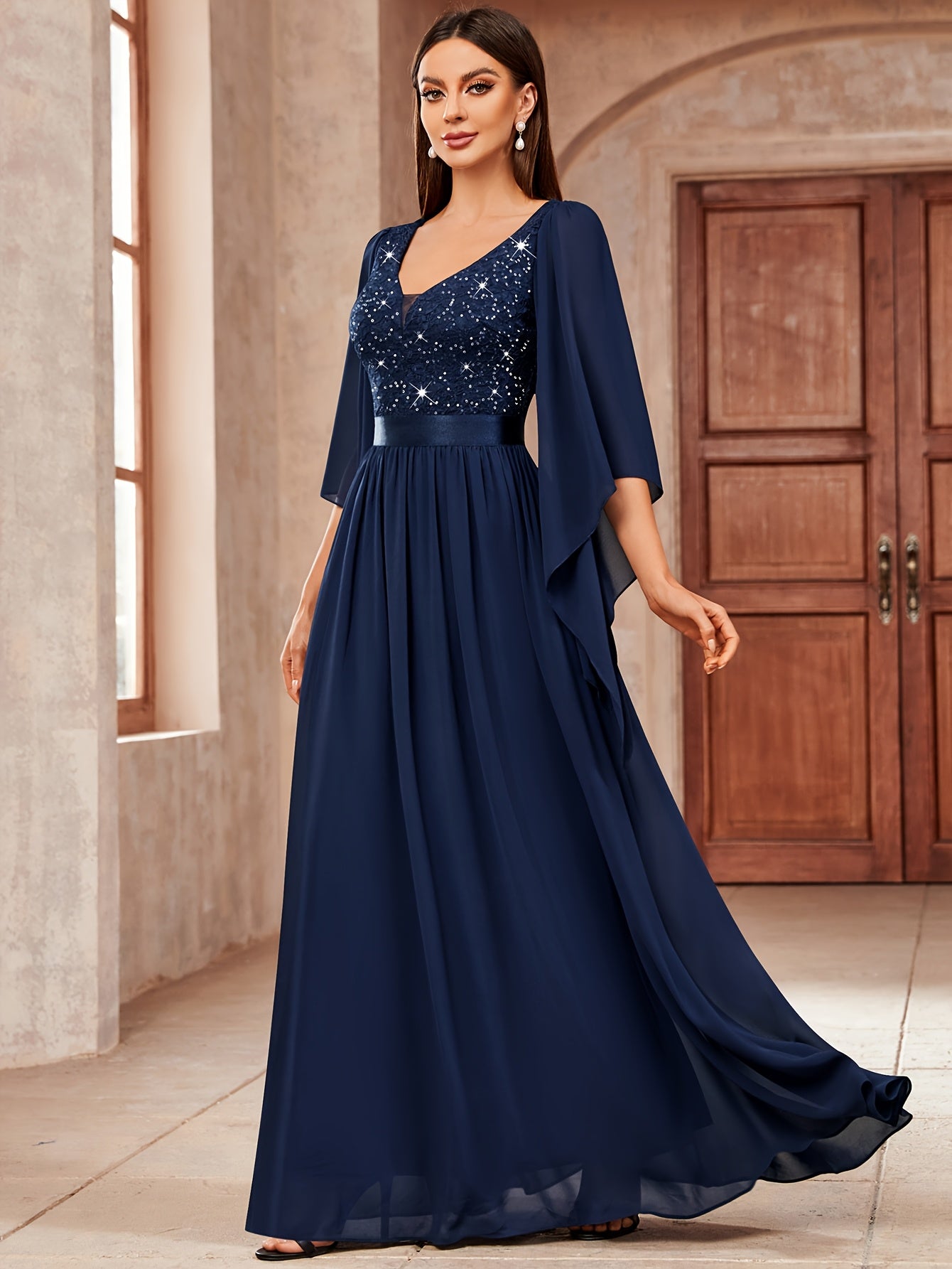 53303 Elegant Women's Lace & Sequin Bridesmaid Dress - A-Line Maxi Wedding Gown with 3/4 Bell Sleeves, V-Neck Color-Block (Bodice &), Machine Washable Bridesmaids Gown for Weddings, Parties, Prom