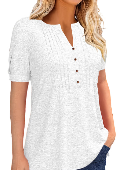 Casual Short-Sleeve T-Shirt for Women, Featuring a Pleated Design And V-Neck in Solid Colors, Perfect for Summer