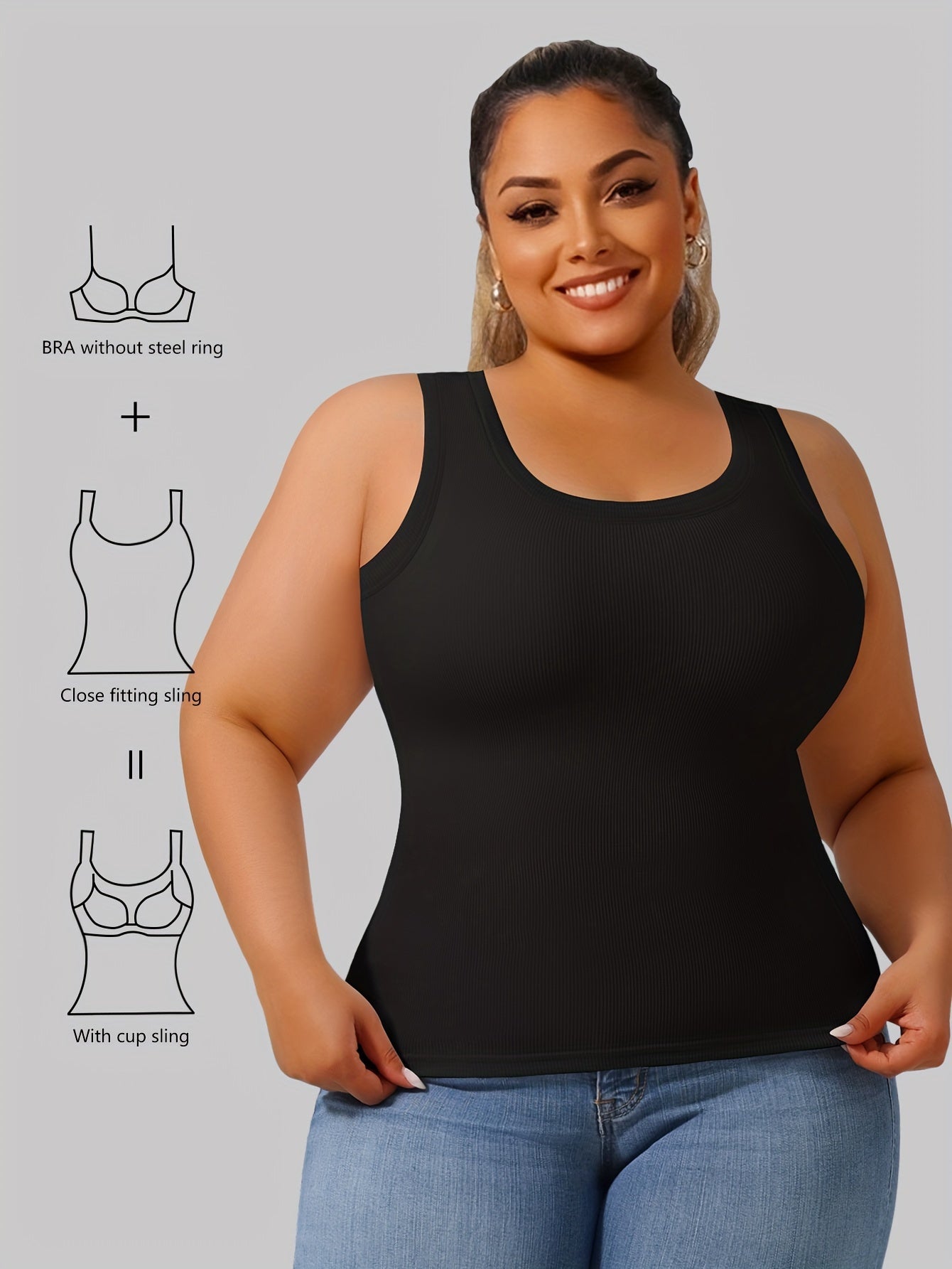 Big U Beauty 2-in-1 Backless Ribbed Base Vest with Built-In Pads & Coasters - High-Elasticity Striped Slim Fit Sleeveless Top for Plus Size Women, Casual Elegant Layering Essential