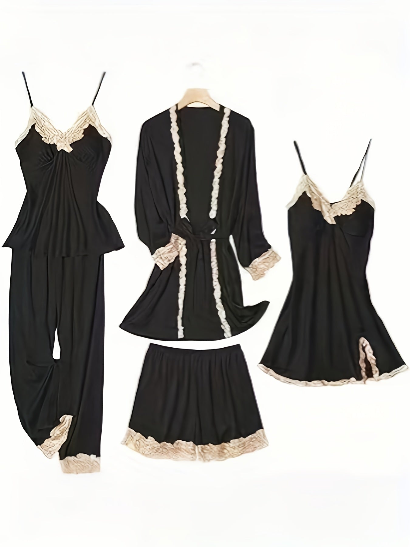 5pcs Set of Women'S Lace Sleepwear, Featuring a Charming Pajama, Casual Satin Outfit That Is Loose, Cozy, And Soft. The Set Includes a Robe, a Strap Skirt, a Short Tank Top, Shorts, And Pants