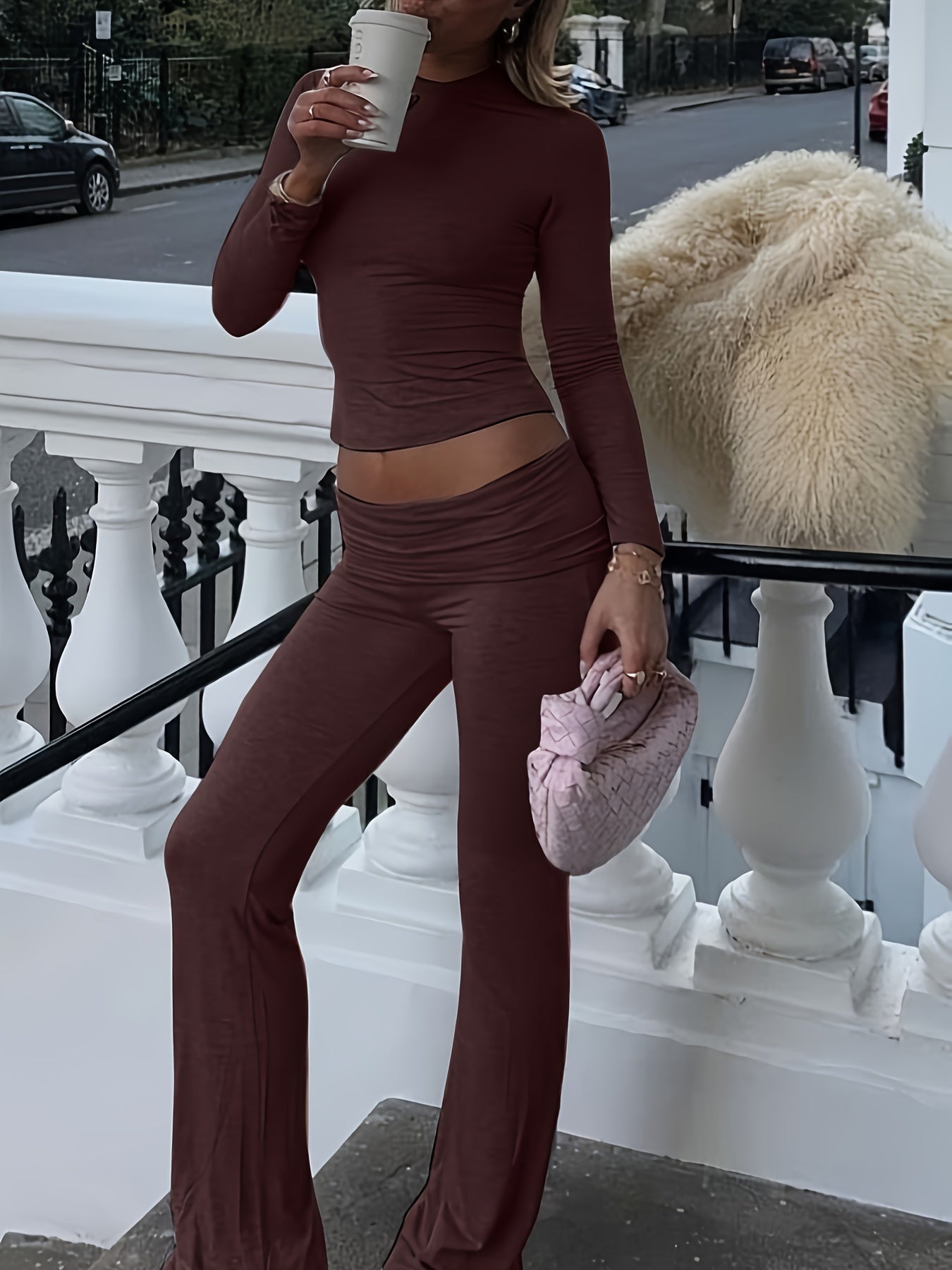 Casual Two Piece Outfits Long Sleeve High Waist Fold-Over Flare Flared Leggings Pants Sets Streetwear
