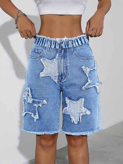 Girls' Fashionable Versatile Y2K Star Patch Embroidered Denim Shorts, Zipper-Free, Stretchy Elastic Waist for All-Day Comfort. Trendy Summer Beach & Casual Wear, Ideal for Campus, Back-To-School & Festivals - a Cute Must-Have for Girls, for Outdoor