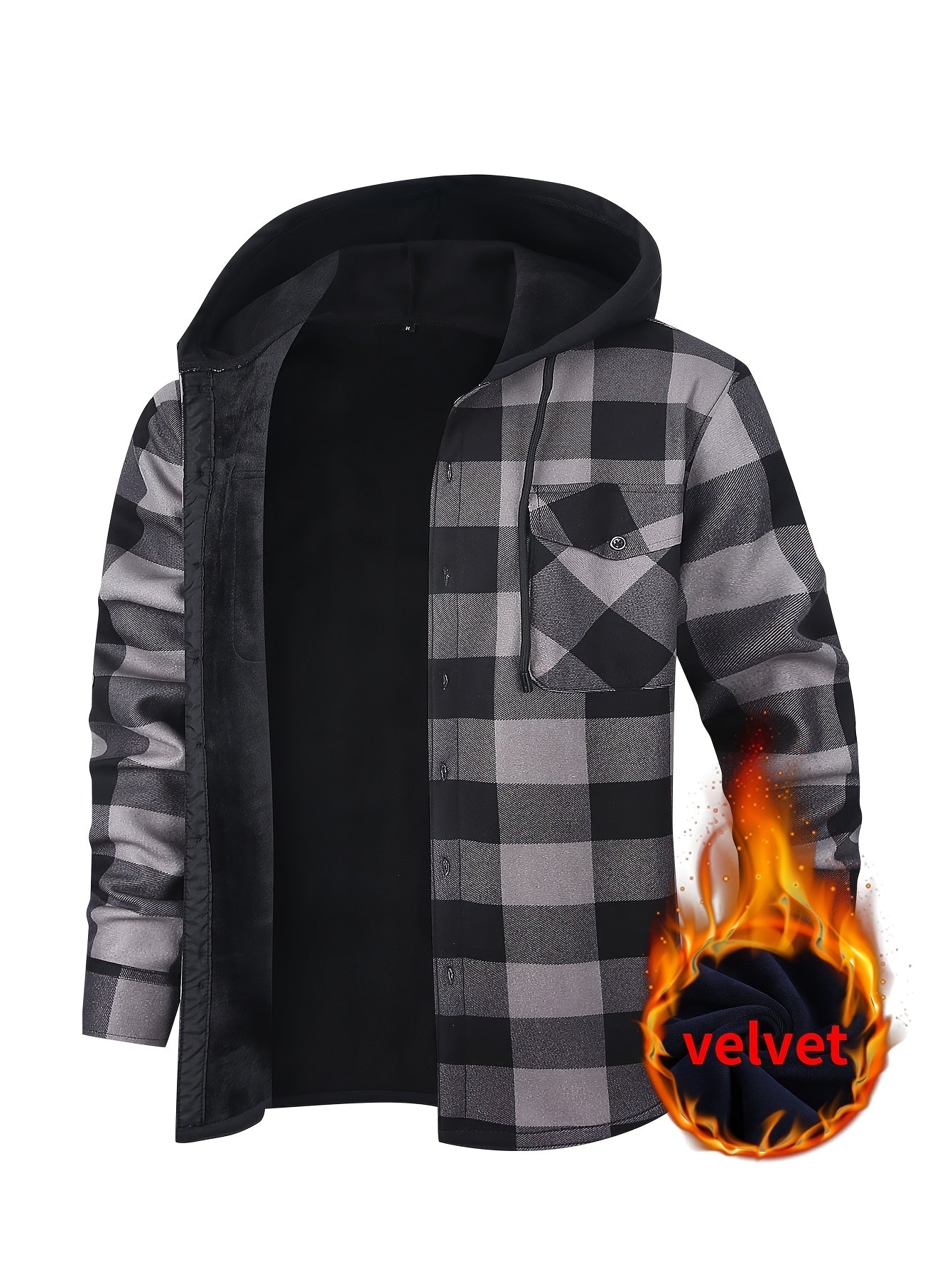Men's Hooded Plaid Shirt Jacket with Flannel Lining - Thickened Winter Coat, Button Front, Black/White/Gray/Beige Plaid, Euro/American Sizing, Casual Outdoor & Formal Wear (Hand Washable) - Blazer Coat for