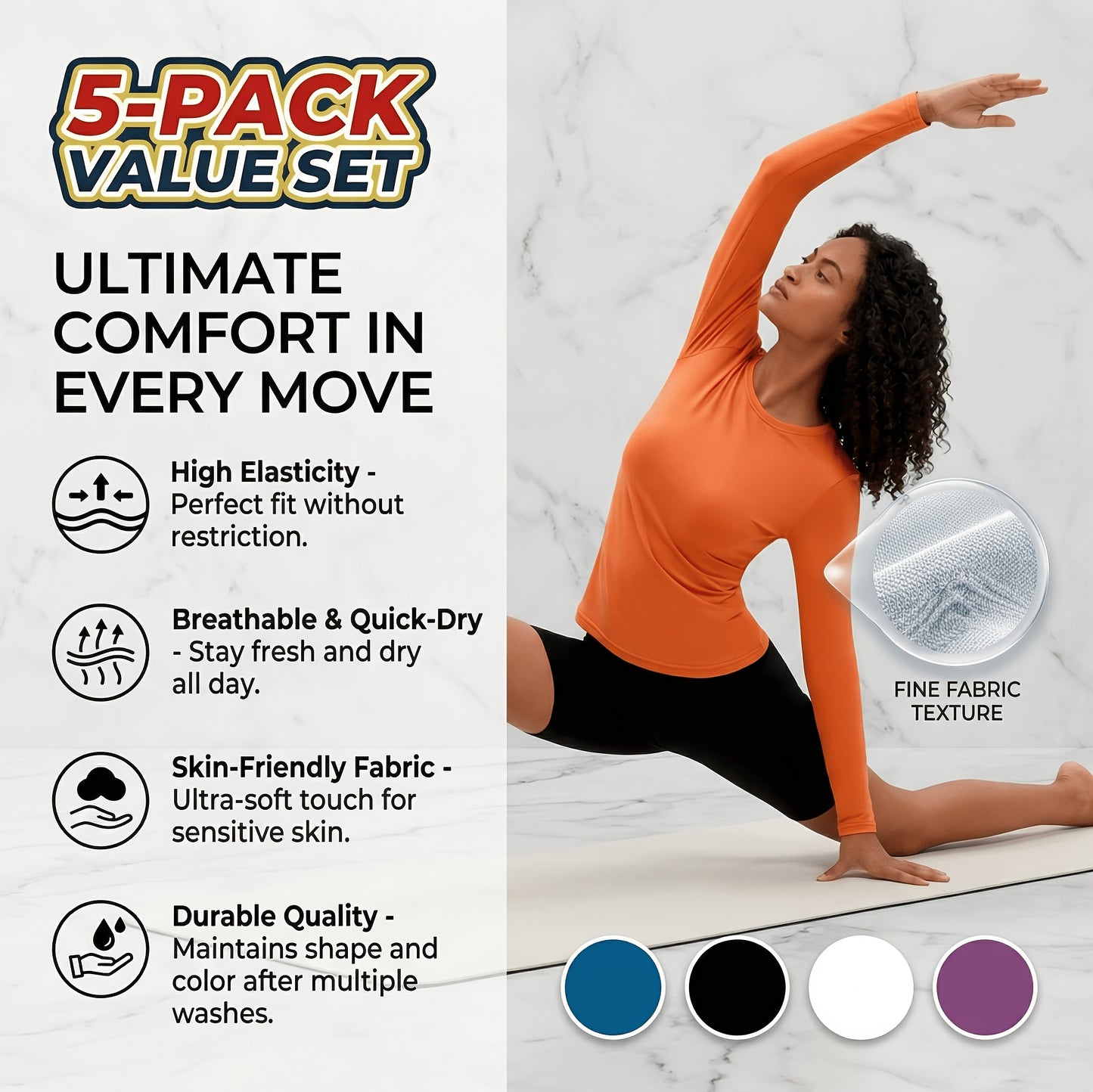 5pcs Women'S Long Sleeve T-Shirts - High Stretch, Moisture-Wicking & Breathable, Five Color Options for, Outdoor - Four Seasons Collection, Shirts, Wear, Solid Color Top, Breathable Fabric