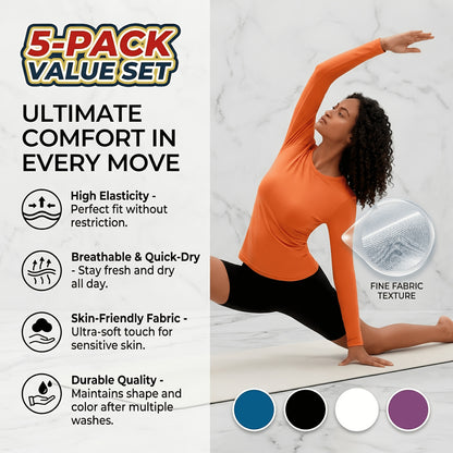 5pcs Women'S Long Sleeve T-Shirts - High Stretch, Moisture-Wicking & Breathable, Five Color Options for, Outdoor - Four Seasons Collection, Shirts, Wear, Solid Color Top, Breathable Fabric