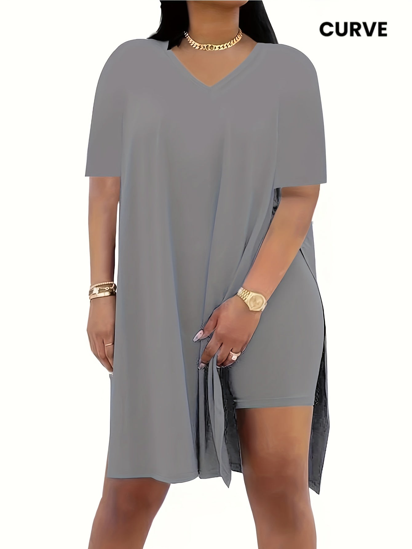 Two-Piece Outfit for Plus-Size Women Featuring a Casual V-Neck Short-Sleeve Top with Side Slits And Drawstring Leggings, Made from Comfortable, Ideal for Everyday Wear