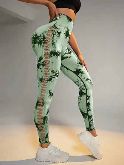 Women's High-Waisted Sculpting Yoga Pants - Butt-Lifting Seamless Design, Tie-Dye Print, Ultra-Comfort Stretch Fabric for Running, Sports & All-Season Activewear, Figureenhancing Fit | Highelastic Material