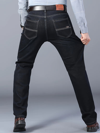 Men's Classic Straight-Leg Stretch Denim Jeans - Water-Washed Black Casual & Business Casual Pants, All-Season Machine Washable Regular Fit