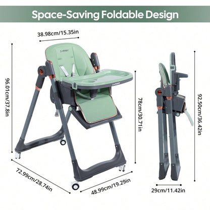 Cochildor Baby High Chair, 3-in-1 Foldable Booster Seat with Adjustable Height, Recliner, 5-Point Safety Harness, Removable Tray, Lockable Wheels, Easy Clean-Colors: Green, White, Black