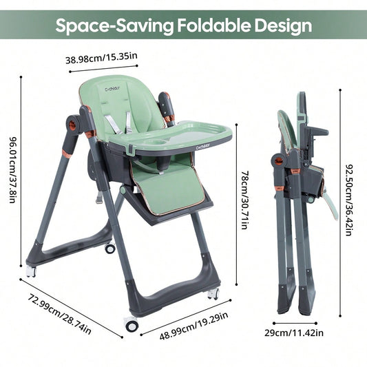 Cochildor Baby High Chair, 3-in-1 Foldable Booster Seat with Adjustable Height, Recliner, 5-Point Safety Harness, Removable Tray, Lockable Wheels, Easy Clean-Colors: Green, White, Black
