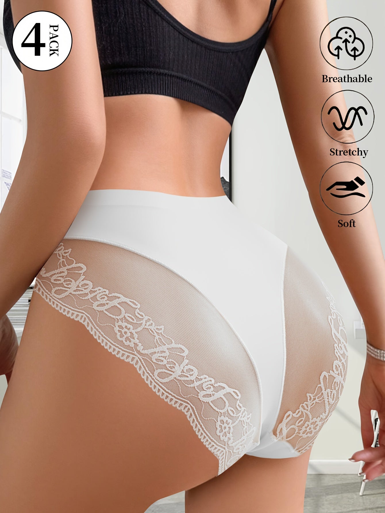 4pcs Women's Comfy Chic Semi-Sheer Lace Briefs - Low-Rise Soft Stretch Underwear, Scallop Trim & Breathable Moisture-Wicking Panties, Everyday Lingerie Essentials (4pcs) - & Elegant Briefs Suitable for Casual Attire & Special Occasions