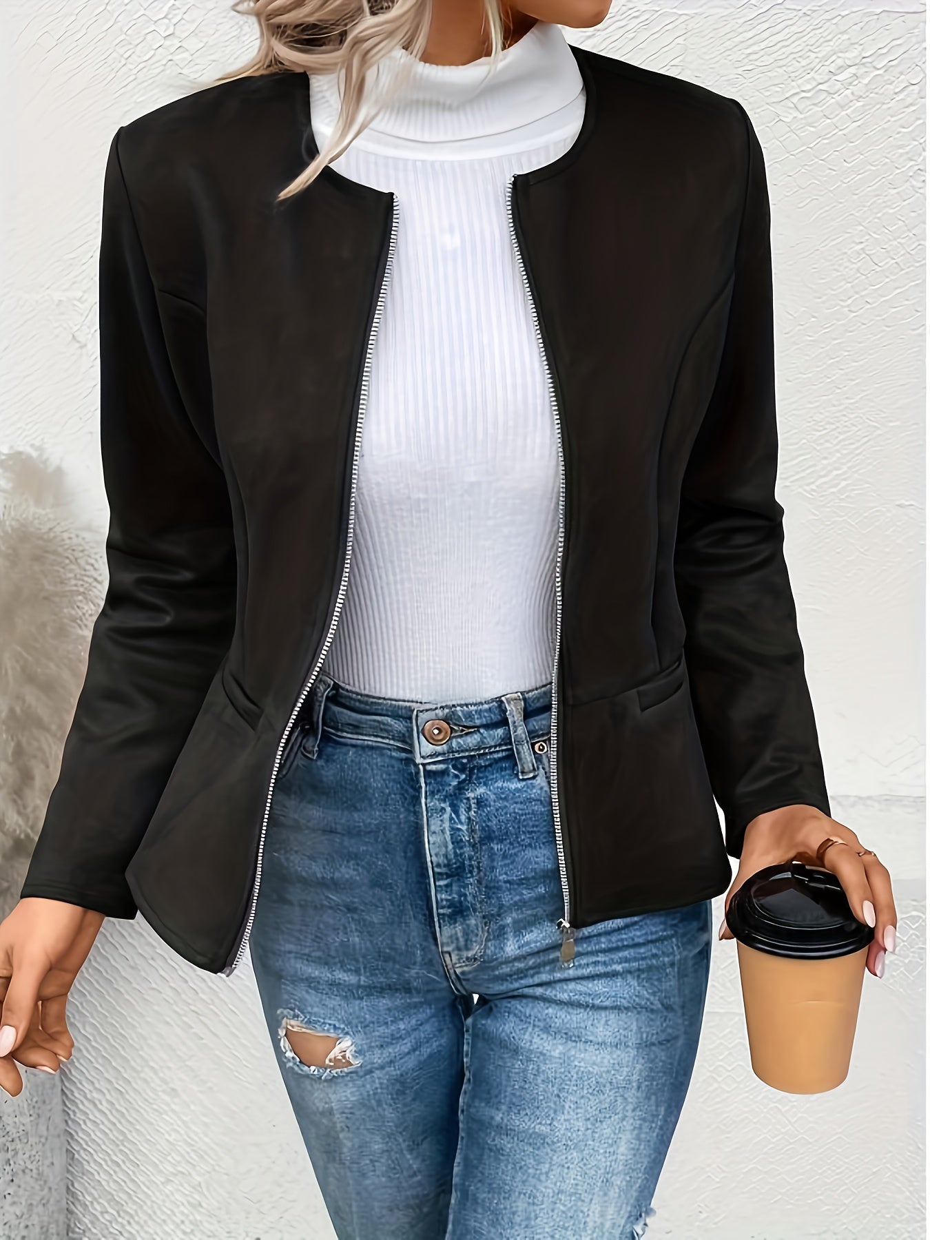 Today's Special! Women's Zip Up Casual Jacket - Slim Fit, Round Neck, Long Sleeve Coat, Trendy, Versatile for All Seasons, Multiple Colors (Black Friday Preview)