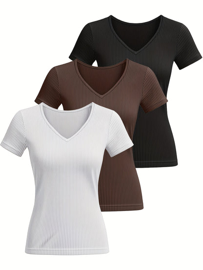 3pcs Women's Short-Sleeve Shirts - V-Neck Slim Fit Solid Color Blouses, Basic Casual & Dressy, Machine Washable - Layering Pieces for, Semi-Formal & Casual Attire - 3pcs