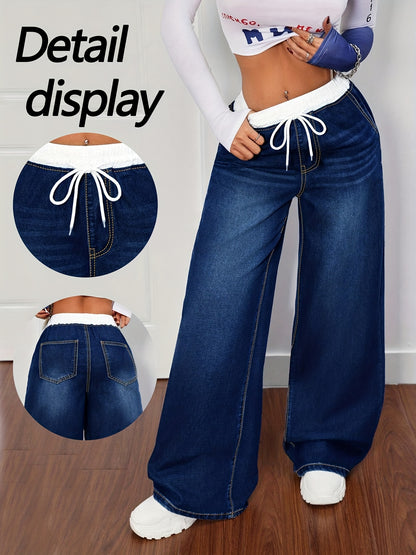 Women's Plus Size Blue Denim Pants - Whisker Details, Panel, Elastic Waist with Drawstring, Wide-Leg | High-Waisted, Slim-Fitting & Figure-Flattering | Retro Street & Casual Sporty Style | Versatile for All Seasons