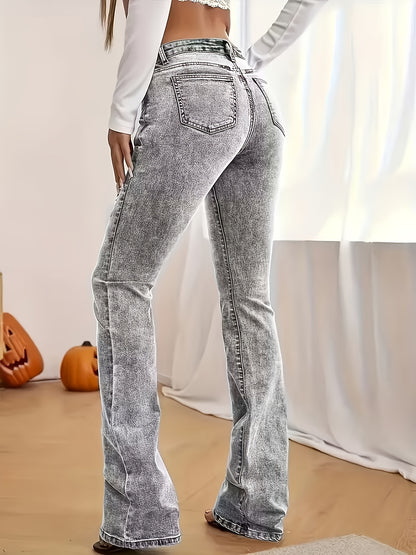 1pc Fashionable Slim-Fit Stretchy Flared Pants 8150 Casual Style, Medium Stretch Fabric, Washed Solid Color, Long Length, Low Waist, Button Fly Closure, Suitable For Weekend Casual