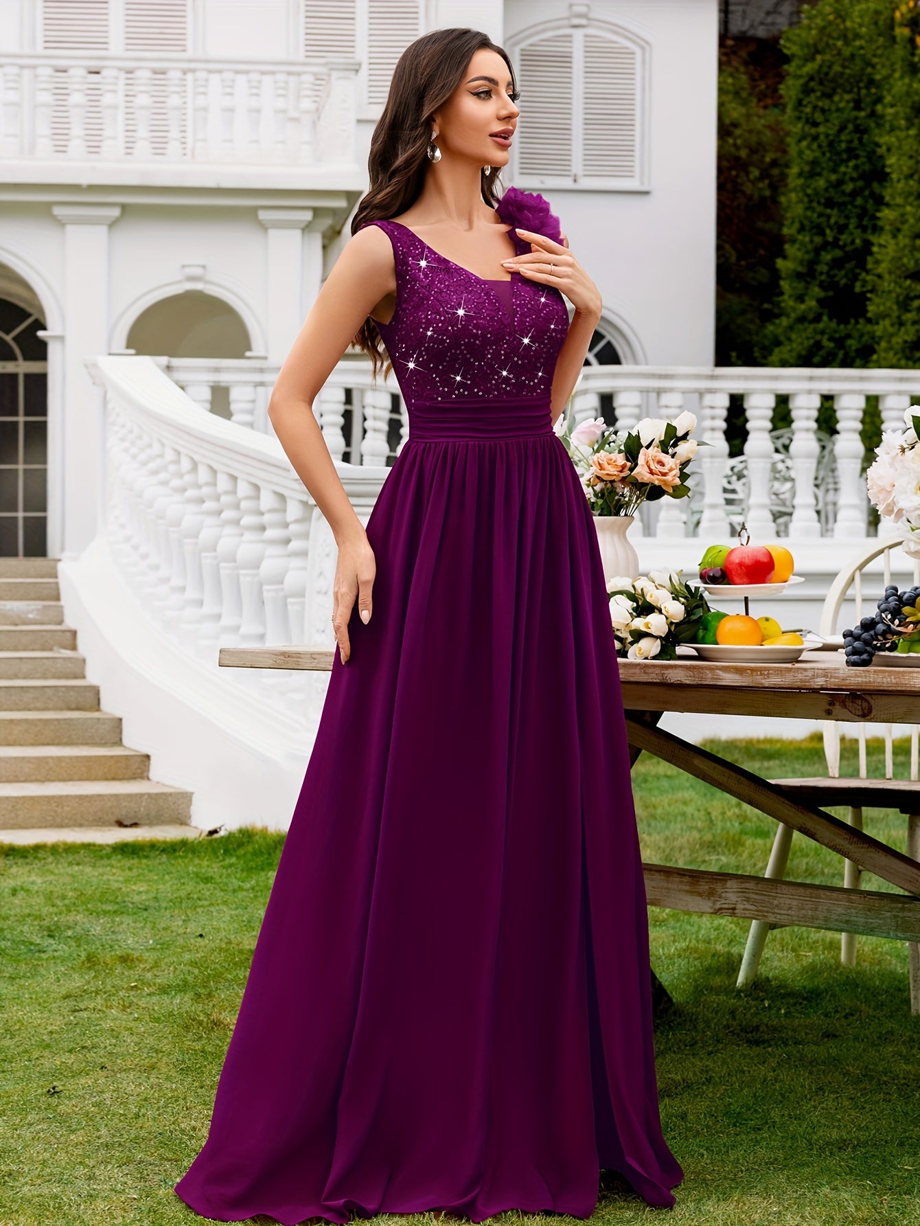 24451A Elegant Womens Mesh Deep V Neck Sequin Lace Maxi Dress, Sleeveless Applique Shoulder, Back V Neck, Ruched A Line Waist, High Thigh Slit Hem, Perfect For Formal Wedding Guest, Prom, Bridesmaid Party, Graduation Season, Wedding Season