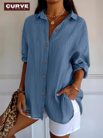 Plus Size Elegant Casual Shirt- Spring, Summer And Autumn Women's Fashion New Casual Vacation Style Solid Colour Cuffs Long Sleeve Shirt-Comfortable And Stylish Fashion And Classic For Women
