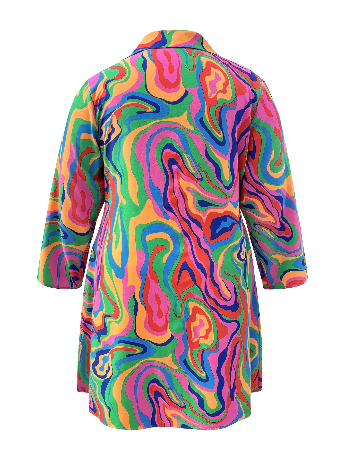 [Fashion Vacation Dresses] Plus Size Women's Fashion Vacation Casual Style Multi-colour Printed Long Sleeve Lapel Dresses | Spring, Summer And Autumn Fatty Size