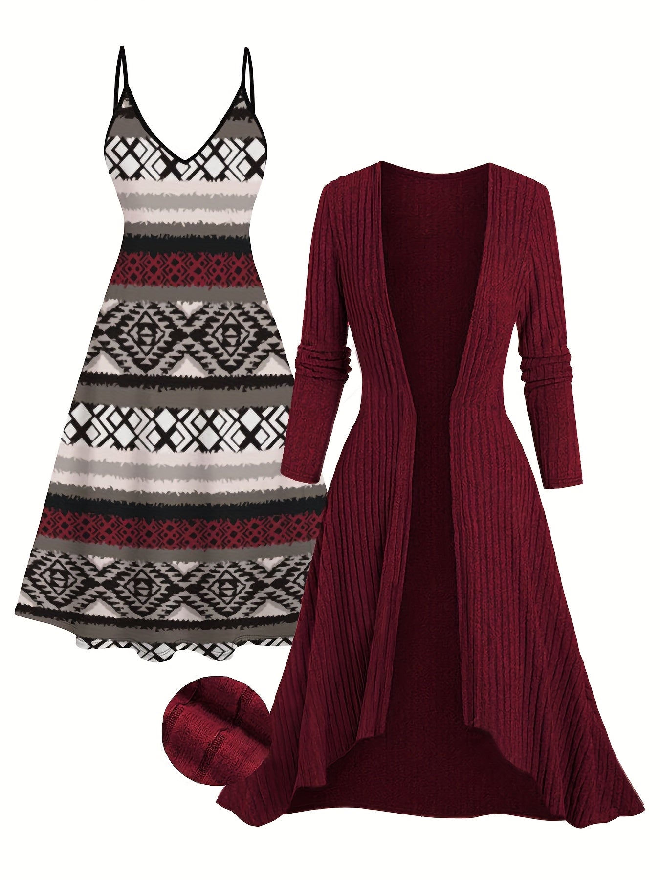 Plus Size - Plus Size, Women'S Bohemian Dress Set - Strapless Maxi Dress & Long Cardigan Coat, Maroon & Black/White/Gray/Beige/Red/Blue/ Green/Orange/, Stretchy Fabric for Resort, Casual, Formal Events - Elegant Boho Outfit