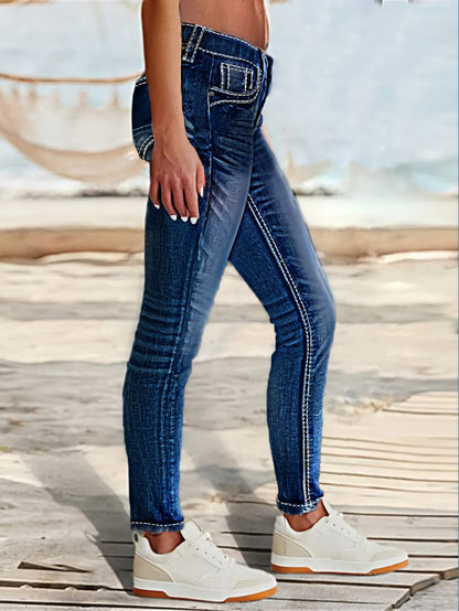 Women'S Skinny Fit Denim Jeans with a Single-Breasted Whiskering Wash
