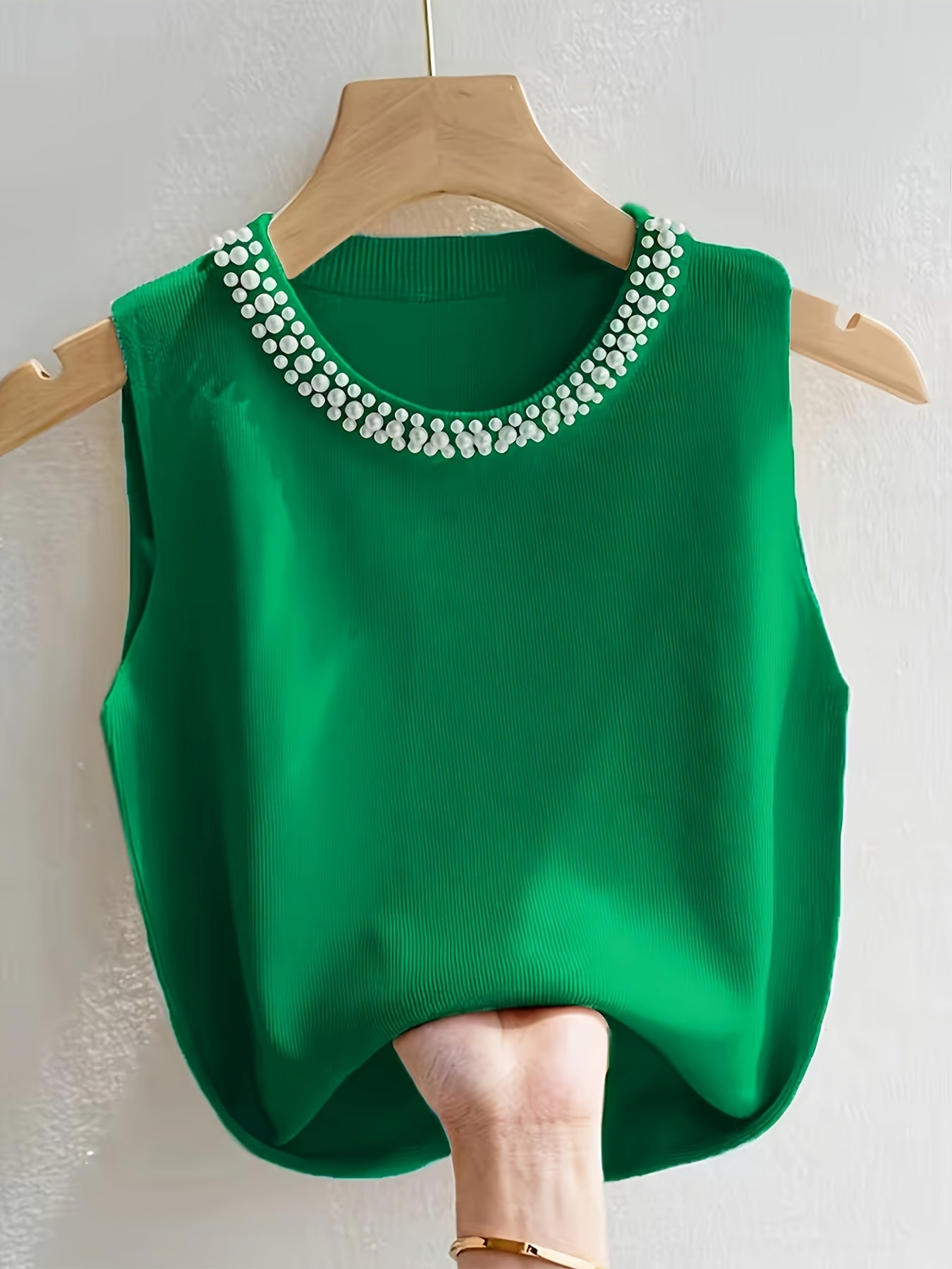 [Plus Size Tank Top] Plus Size - Ladies' Spring/Summer Fashion Nail Bead Solid Color Sleeveless Tank Top Elegant Breathable Large Top