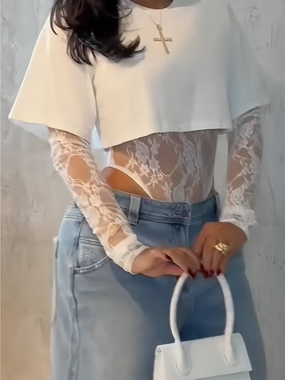 Long-sleeve Irregular T-shirt Top, Lace Jumpsuit for Women, Round Neck, Summer Fashion, Women's Streetwear, Y2K Lace Patchwork, Perfect for Music Festivals, Brunches, Date Nights, and Nightclubs