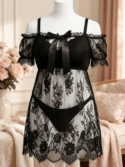 Plus Size Lace Nightdress for Curvy, Sexy Lingerie, Lace & Bow Off-Shoulder Design, Perfect for Home Bedroom Private Space, Super Textured & Attractive