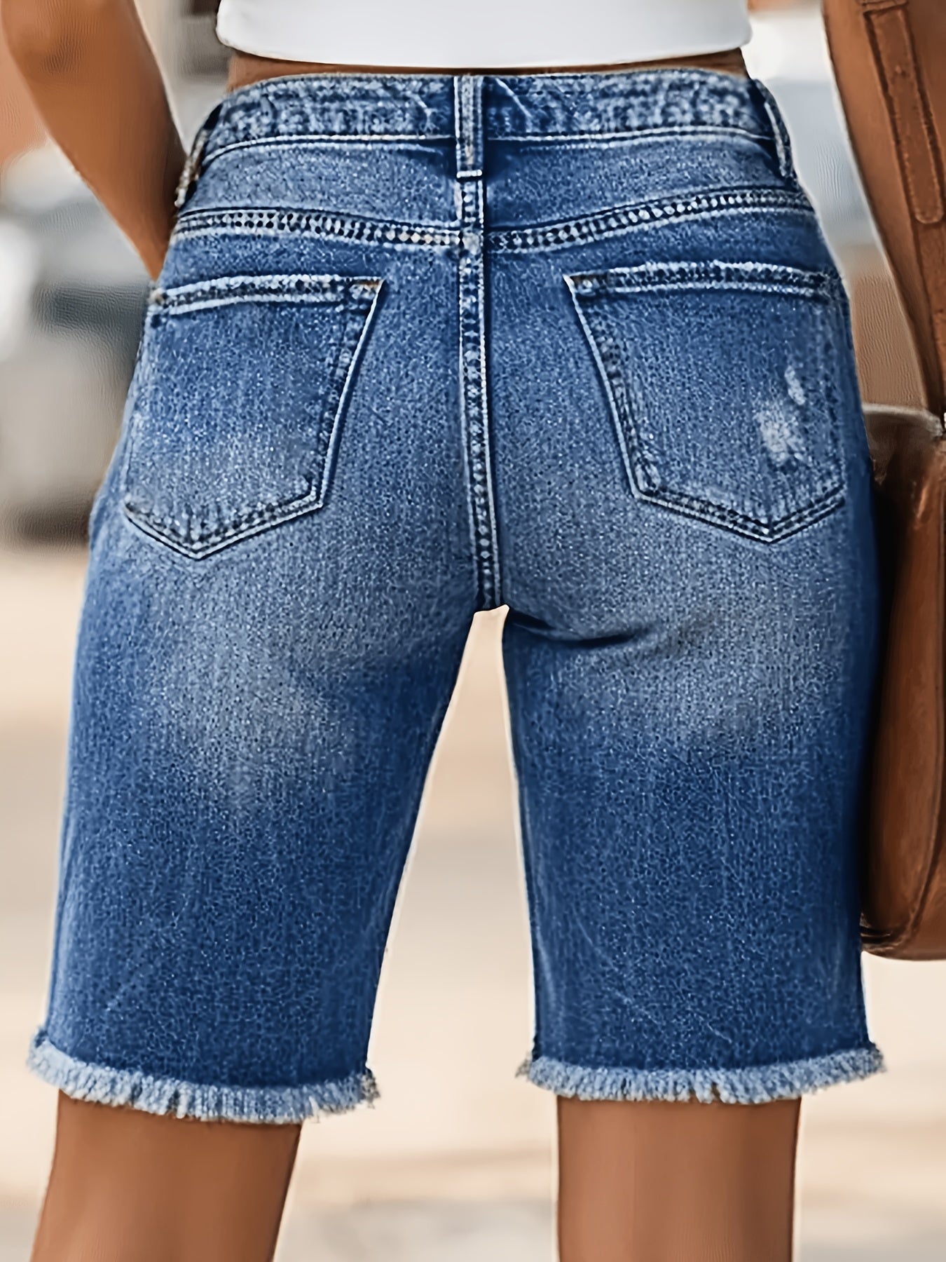 Women's Denim Shorts, Embroidered Patch Distressed Frayed Mid-rise Denim Bermuda Shorts, Summer Casual Versatile Jeans, Women's Jeans And Apparel