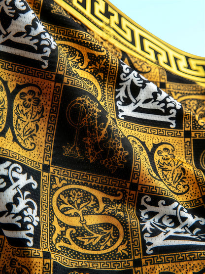 Men's Luxury Flat Corner Underwear - 5pcs Random Set, Elastic, Daily Casual, Black Golden Printed, A Great Gift for Him