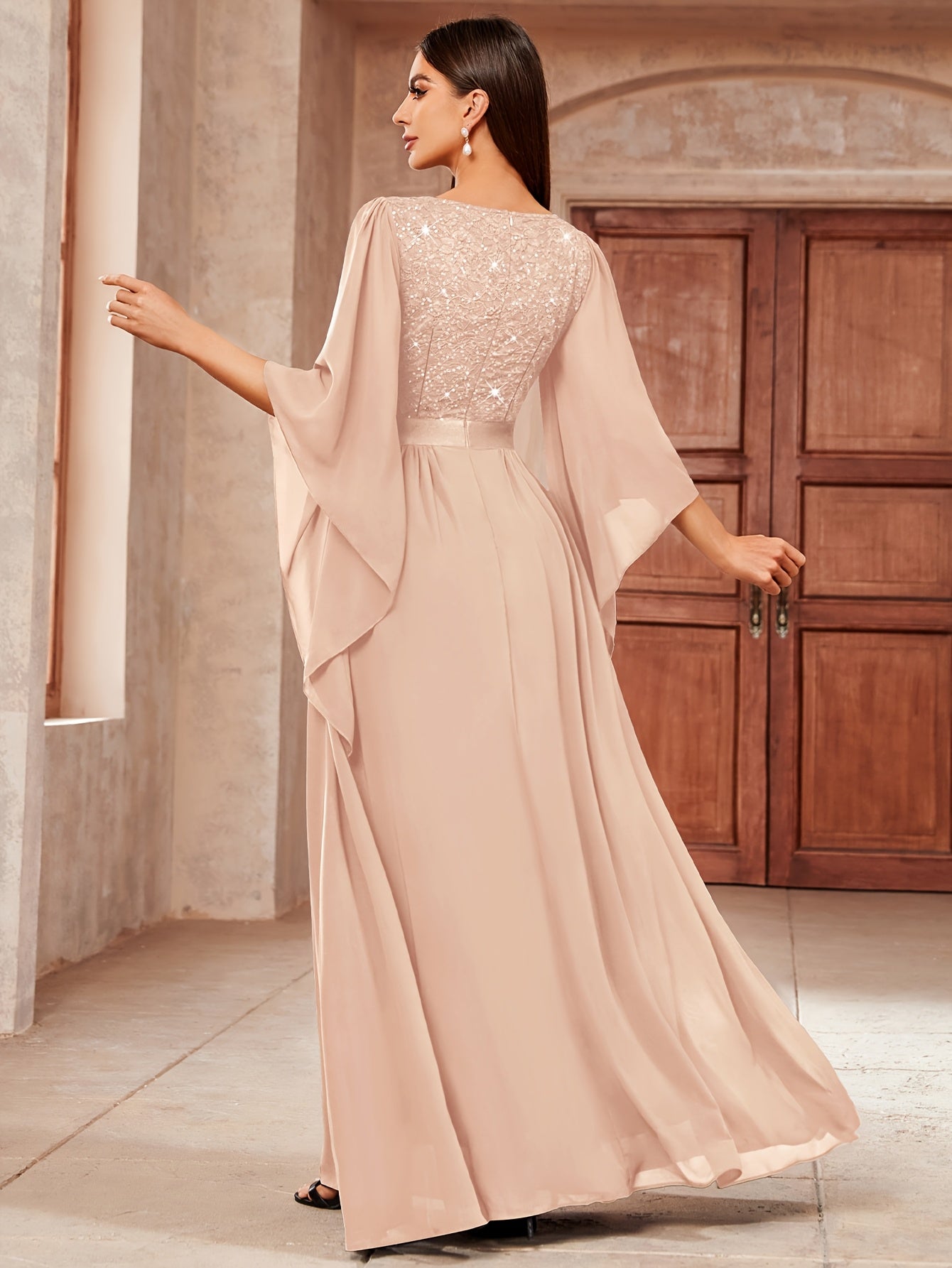 53303 Elegant Women's Lace & Sequin Bridesmaid Dress - A-Line Maxi Wedding Gown with 3/4 Bell Sleeves, V-Neck Color-Block (Bodice &), Machine Washable Bridesmaids Gown for Weddings, Parties, Prom
