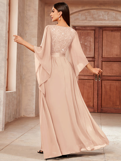 53303 Elegant Women's Lace & Sequin Bridesmaid Dress - A-Line Maxi Wedding Gown with 3/4 Bell Sleeves, V-Neck Color-Block (Bodice &), Machine Washable Bridesmaids Gown for Weddings, Parties, Prom