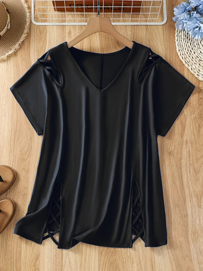Plus Size Women'S Loose-Fitting Short-Sleeve V-Neck Tee - Stylish V-Neck Style Featuring Open Cross Elements. Perfect for Both Casual And Formal Settings During Spring And Summer, Making It Great for Everyday Wear And Special Events