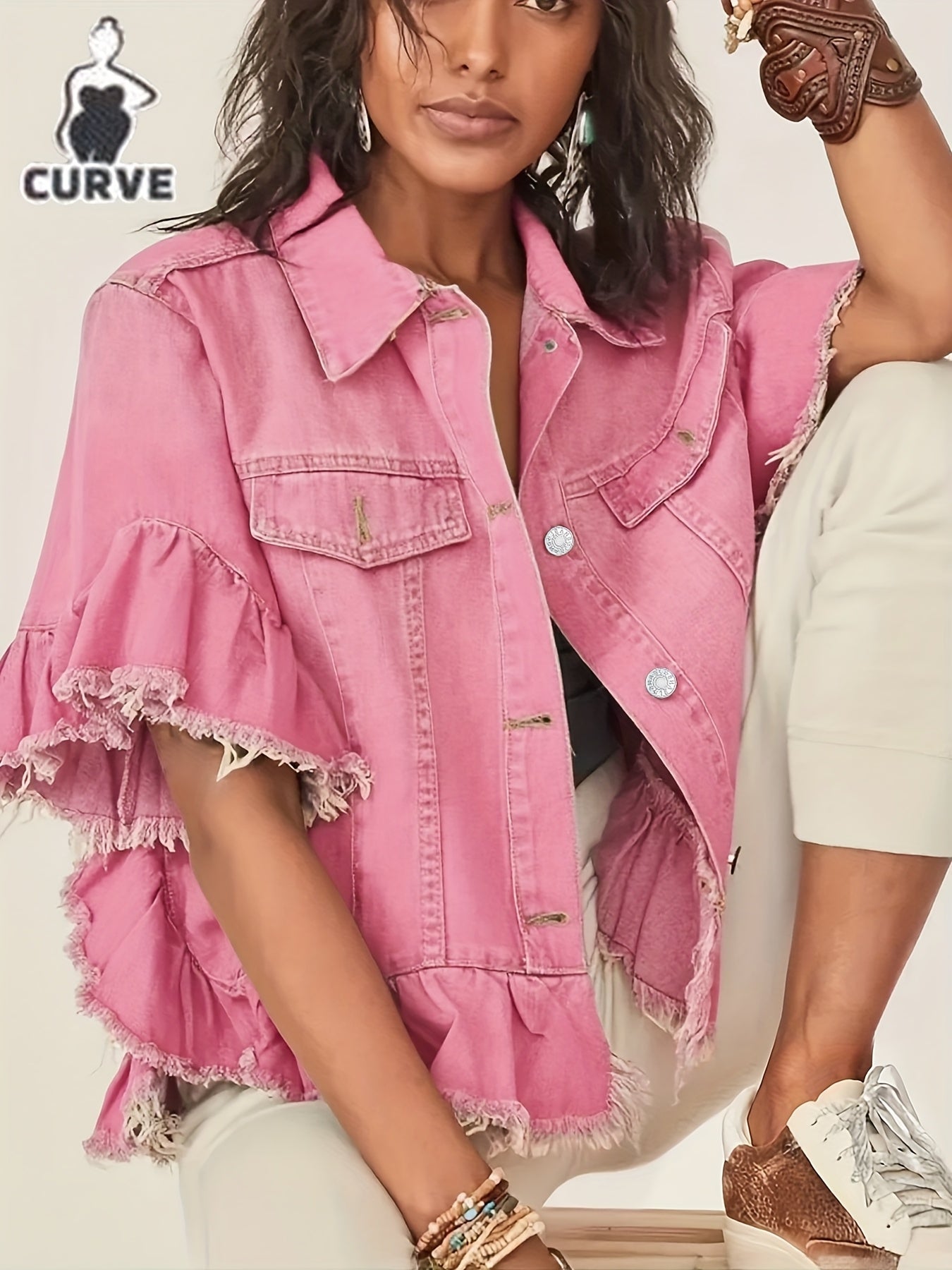 Designer Style Pleated Loose Cuffs And Loose Hem Denim Jacket