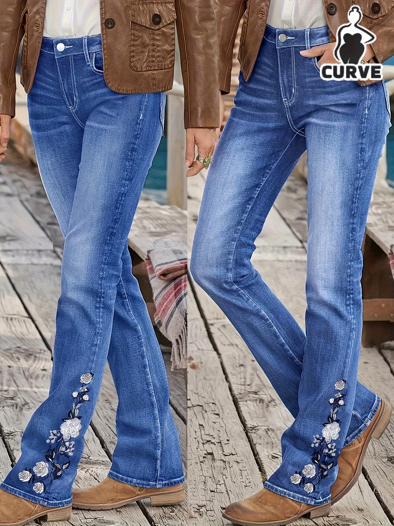 Women's Plus Size Light Blue Solid Denim Jeans - Side Ankle Floral Embroidery Whiskered Flared Legs High-Waisted Medium Stretch - Elegant Comfort Date Night Outing Plus Size Denim