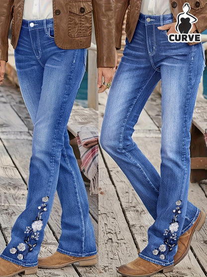 Women's Plus Size Light Blue Solid Denim Jeans - Side Ankle Floral Embroidery Whiskered Flared Legs High-Waisted Medium Stretch - Elegant Comfort Date Night Outing Plus Size Denim