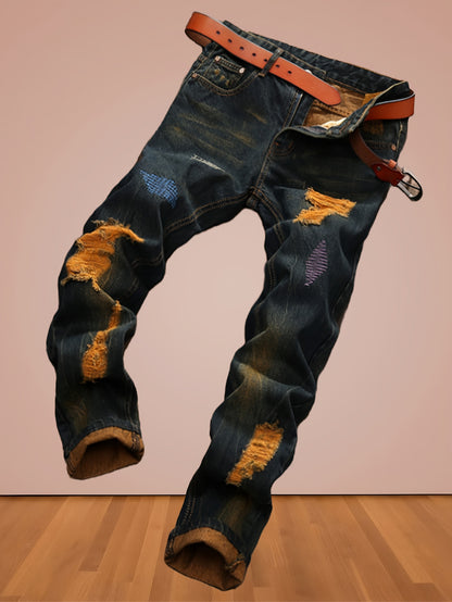 Men's Vintage Washed Straight-Leg Jeans - Mid-Rise Beltless Pants with Internal Zipper Closure, Machine Washable Suitable for Casual Casual Attire, - American High Street Style